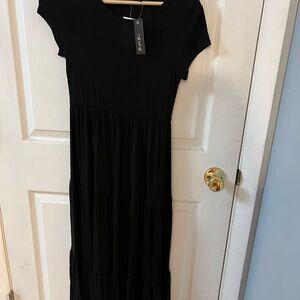Black Smocked Maxi Dress Crew Neck Short Sleeve